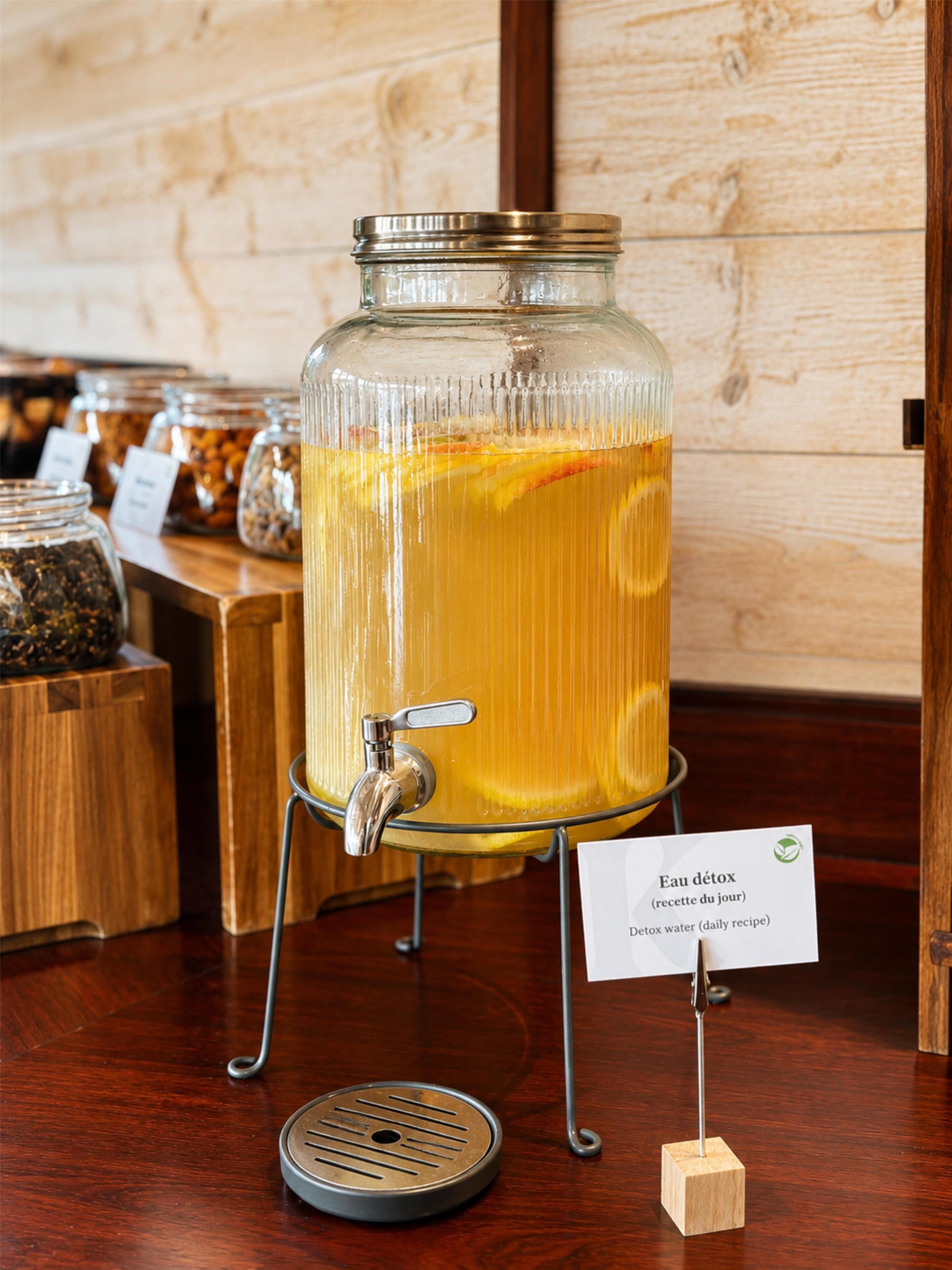 A glass jar with a tap, labeled 'Eau détox,' on a wooden table.