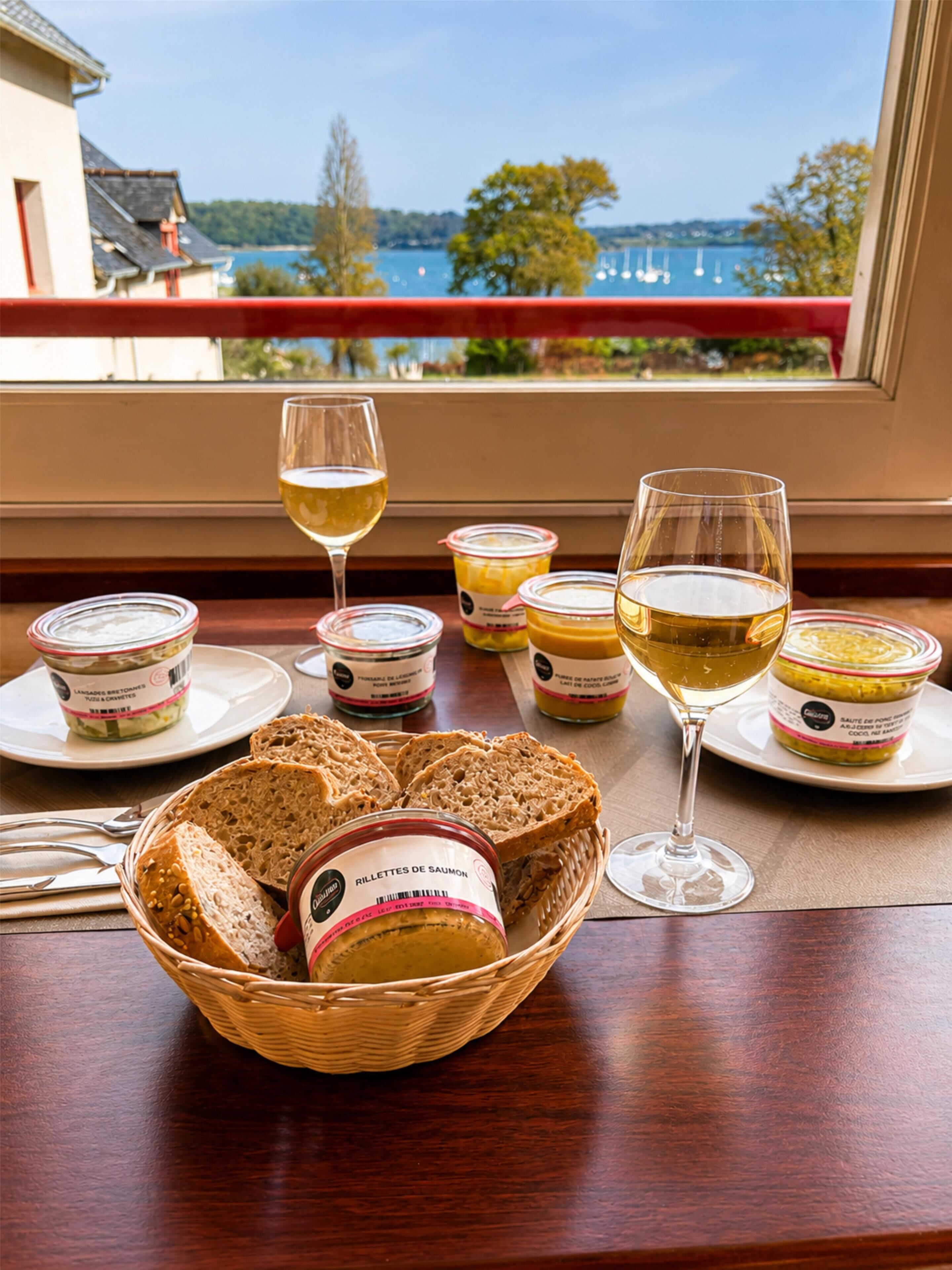 A table with jars of food, glasses of wine, and slices of bread.