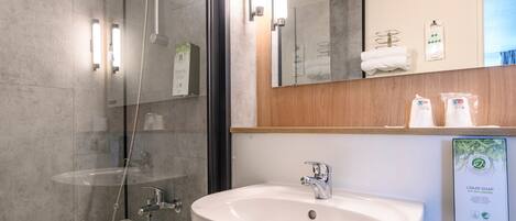 A modern bathroom with a glass-enclosed shower, a white sink, and a mirror above the sink.