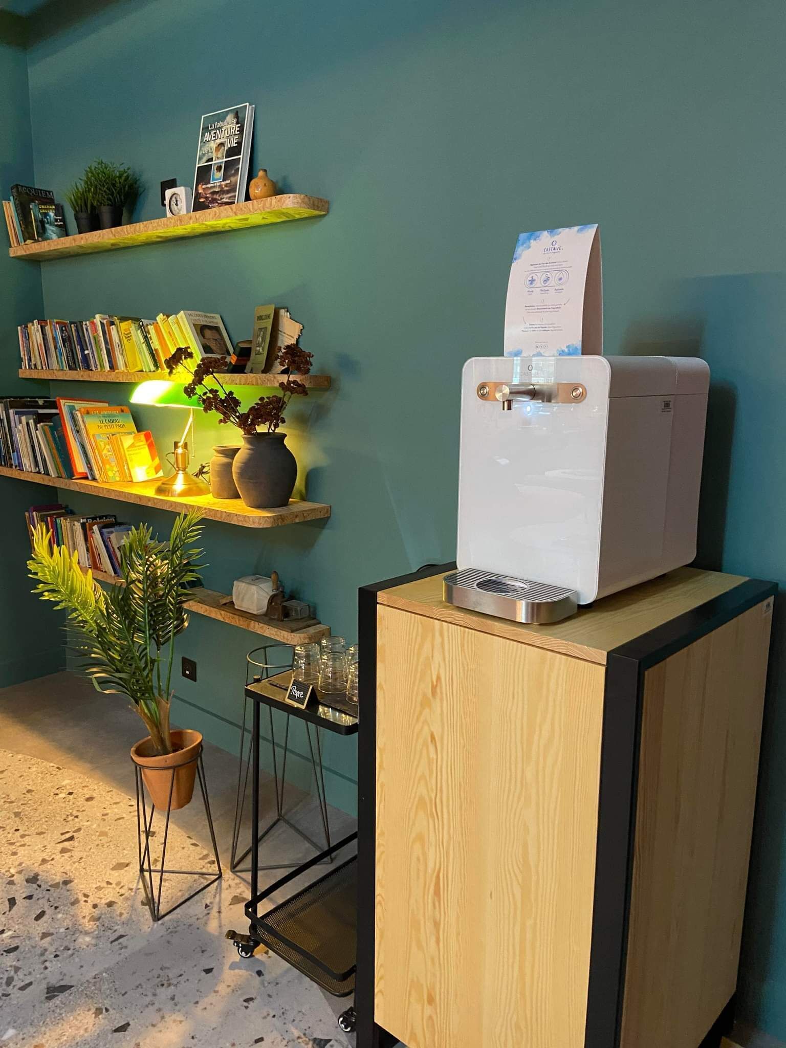 Une pièce comprenant un meuble en bois, un réfrigérateur blanc, une bibliothèque avec des livres et des objets décoratifs, une petite table avec une plante, et une étagère murale ornée d’un tableau encadré et d’une horloge.