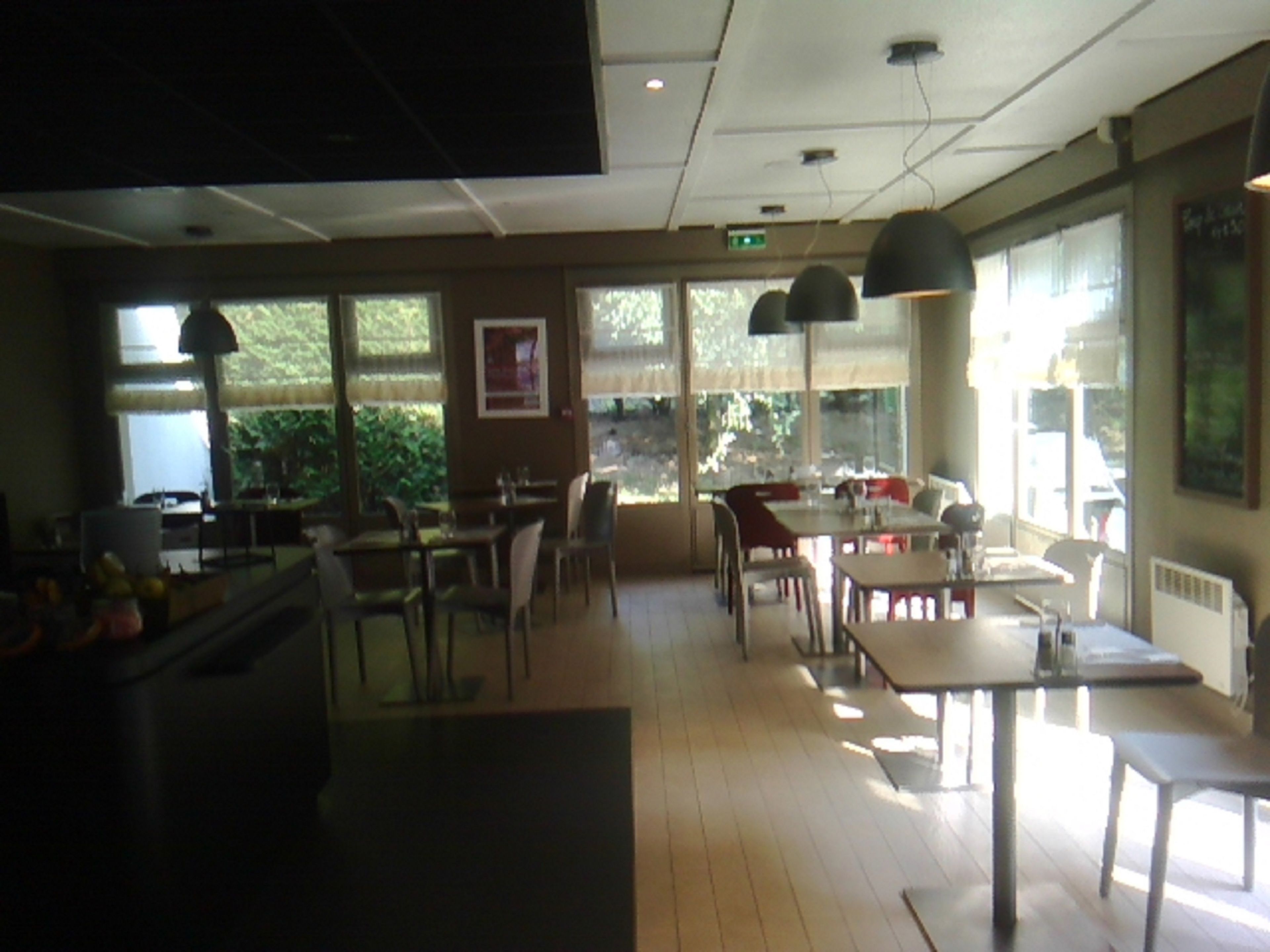 Een restaurant met meerdere tafels en stoelen, grote ramen met uitzicht op groen, hanglampen en een balie.