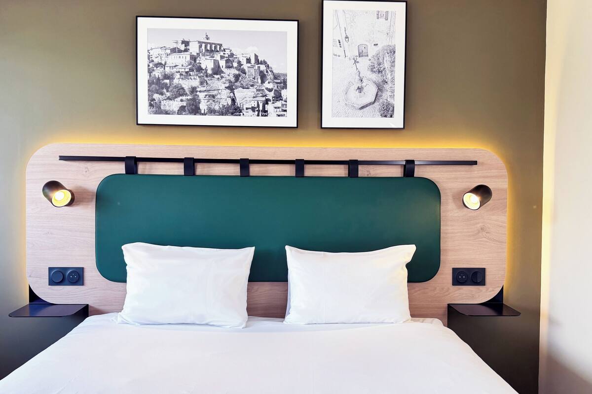 premium bedding, desk, blackout curtains, iron/ironing board