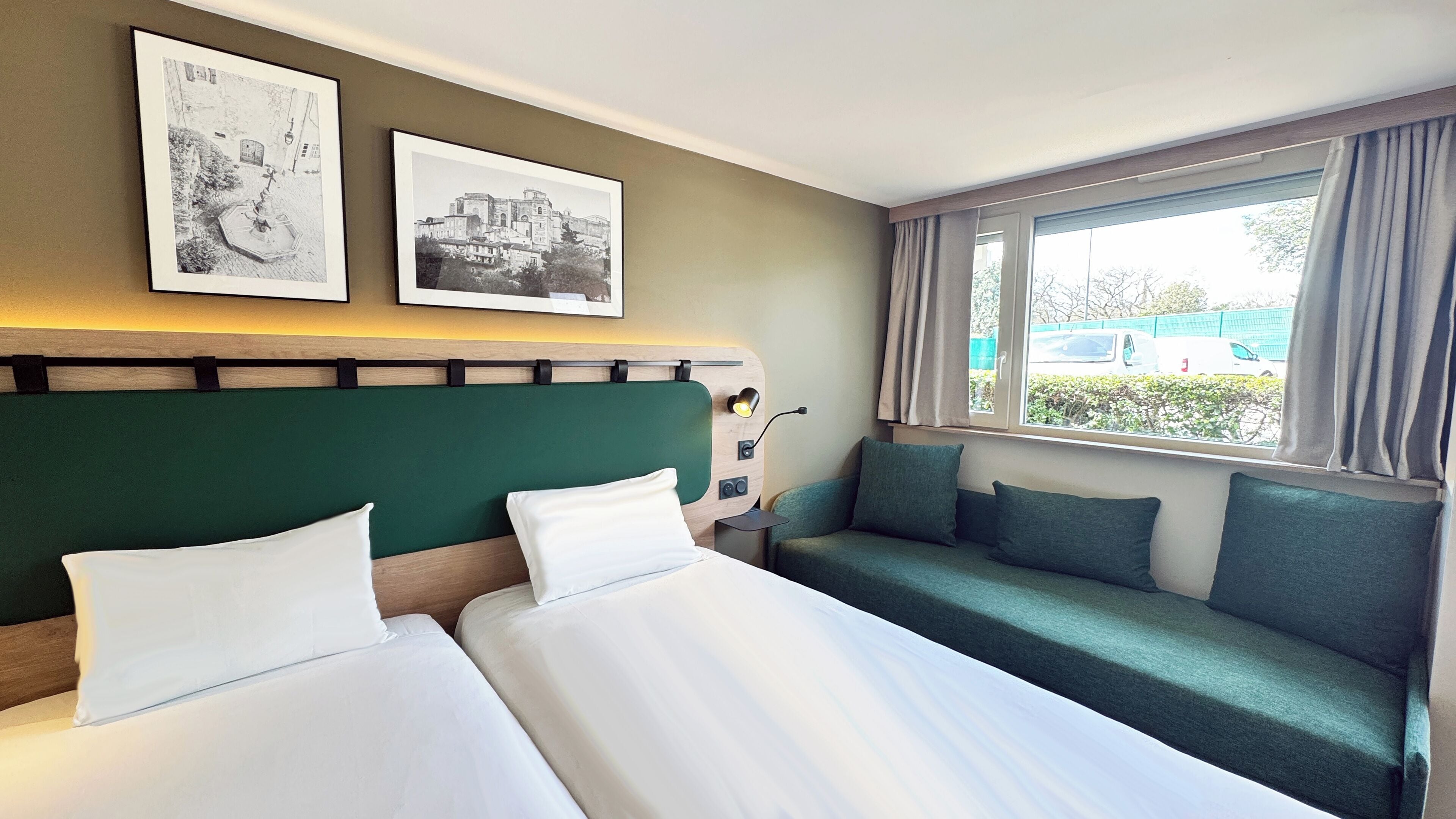 premium bedding, desk, blackout curtains, iron/ironing board