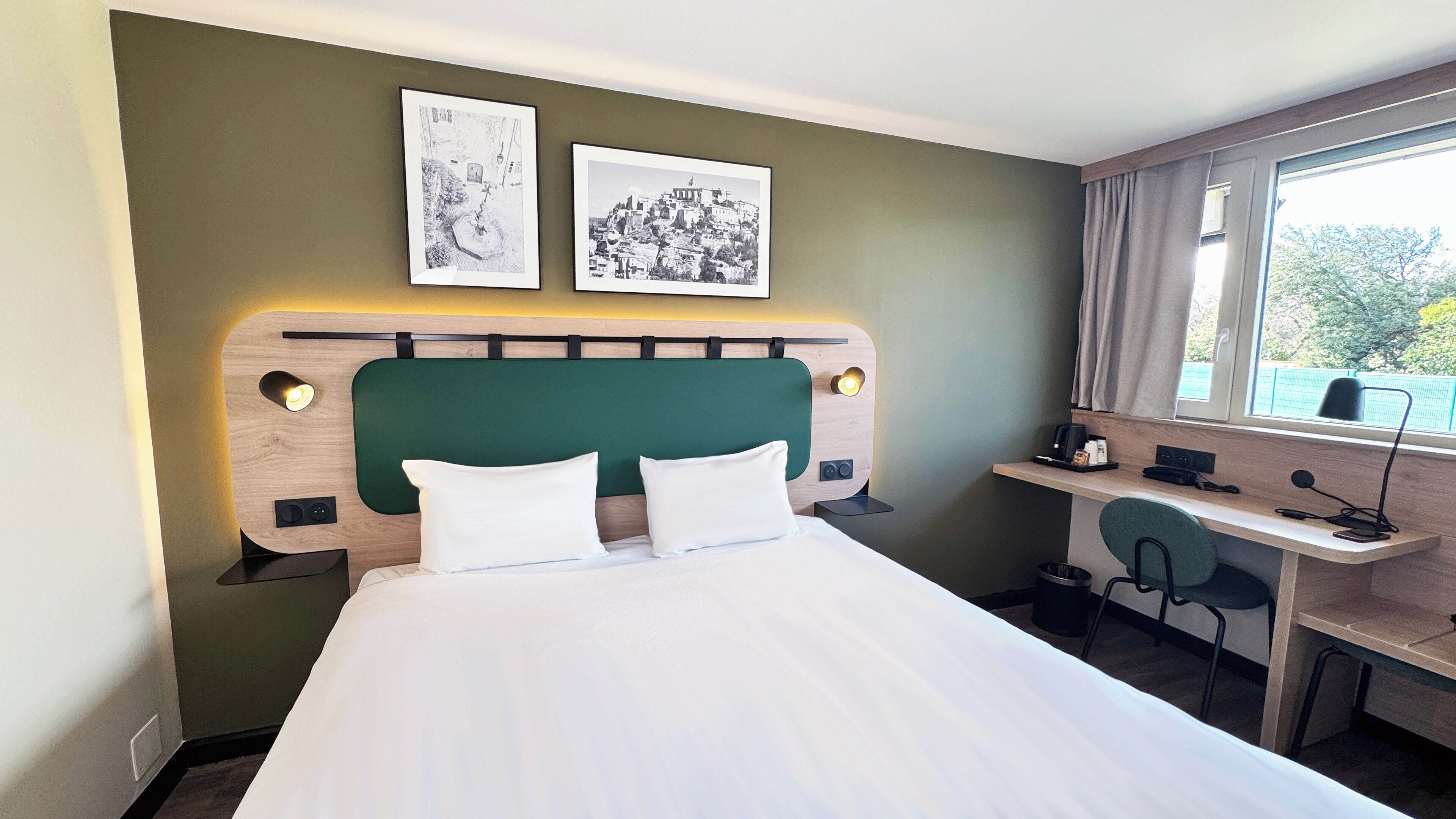 premium bedding, desk, blackout curtains, iron/ironing board