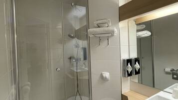 A modern bathroom with a glass-enclosed shower, a toilet, and a sink with a mirror above it.