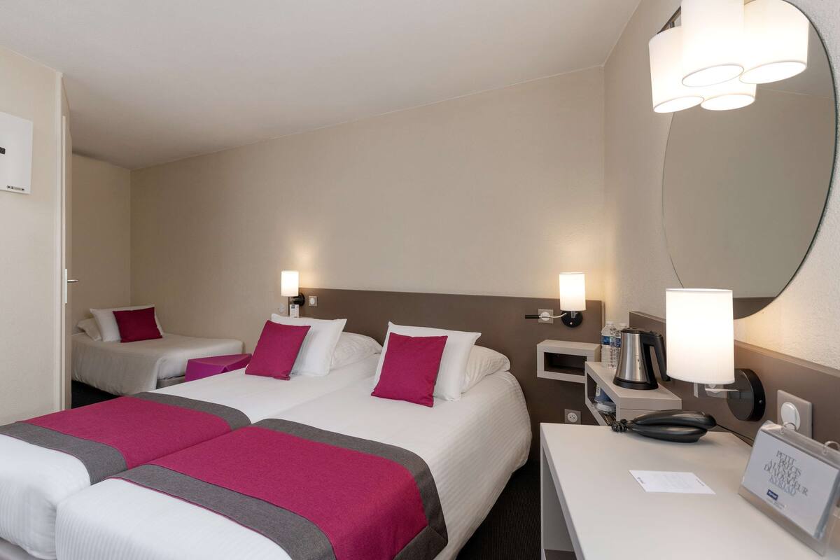 Premium bedding, desk, laptop workspace, soundproofing