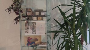 Una vitrina con varios objetos, incluyendo un cuadro enmarcado en la pared de fondo.