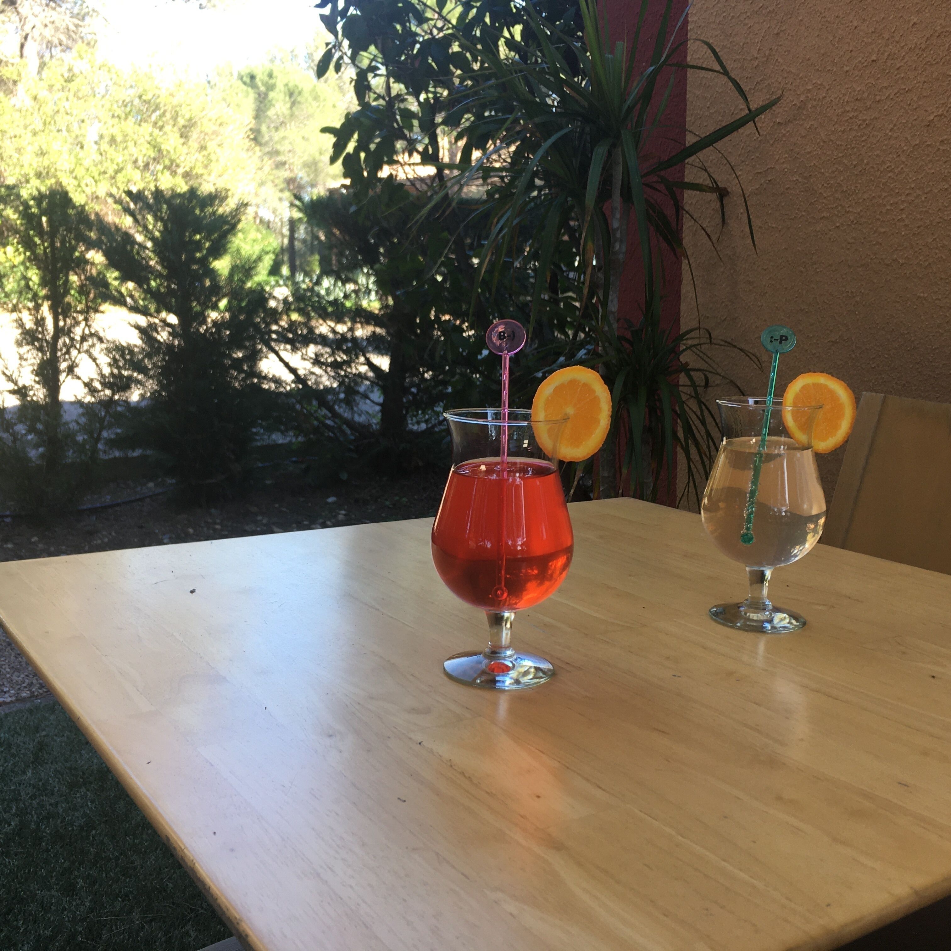 Two drinks on a wooden table with a view of greenery in the background.