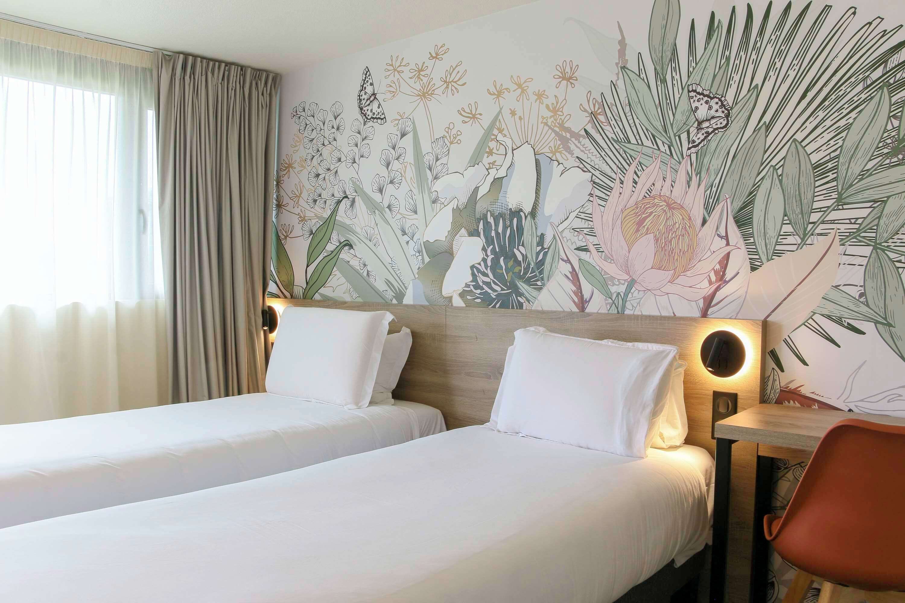 premium bedding, desk, laptop workspace, blackout curtains