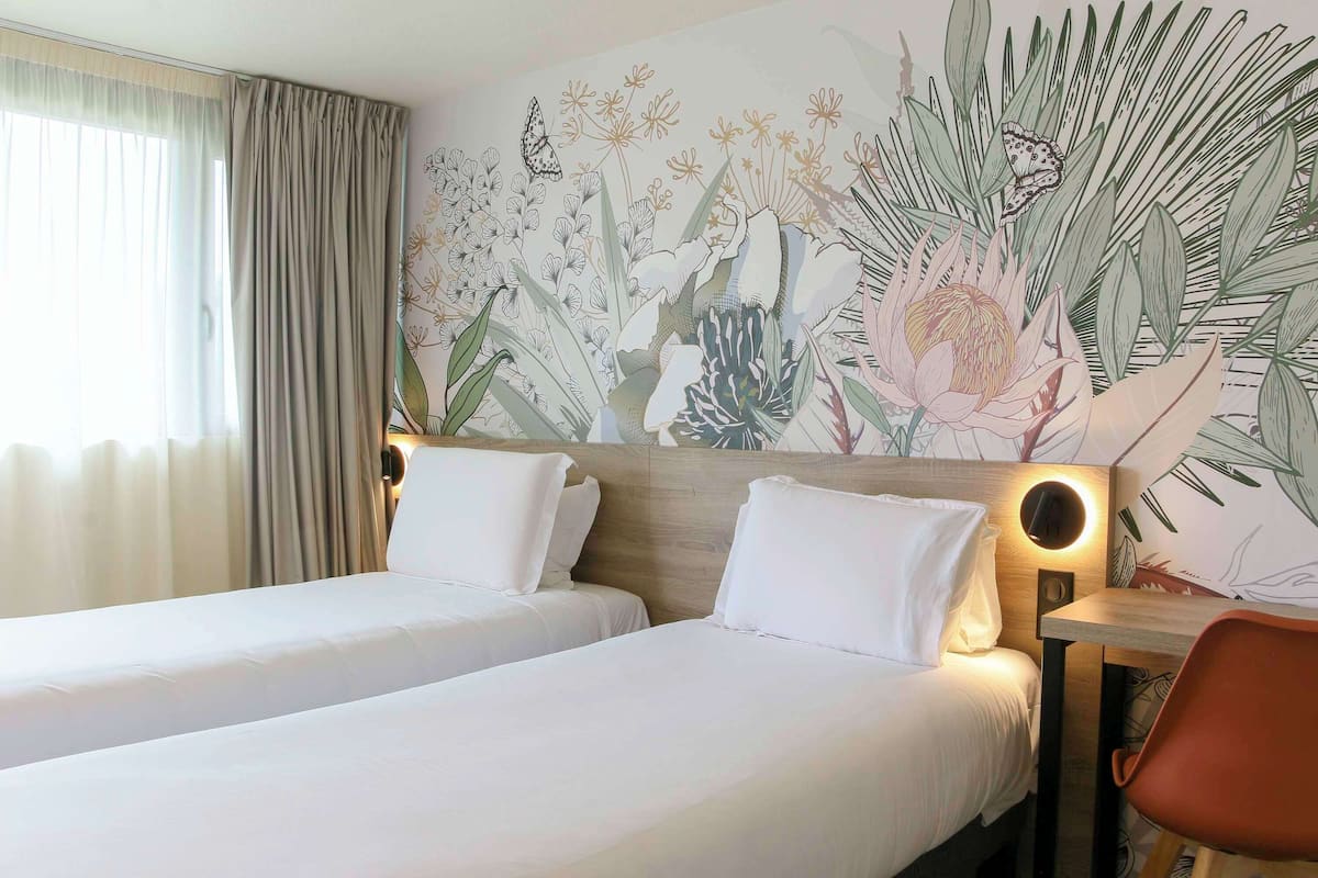 premium bedding, desk, laptop workspace, blackout curtains