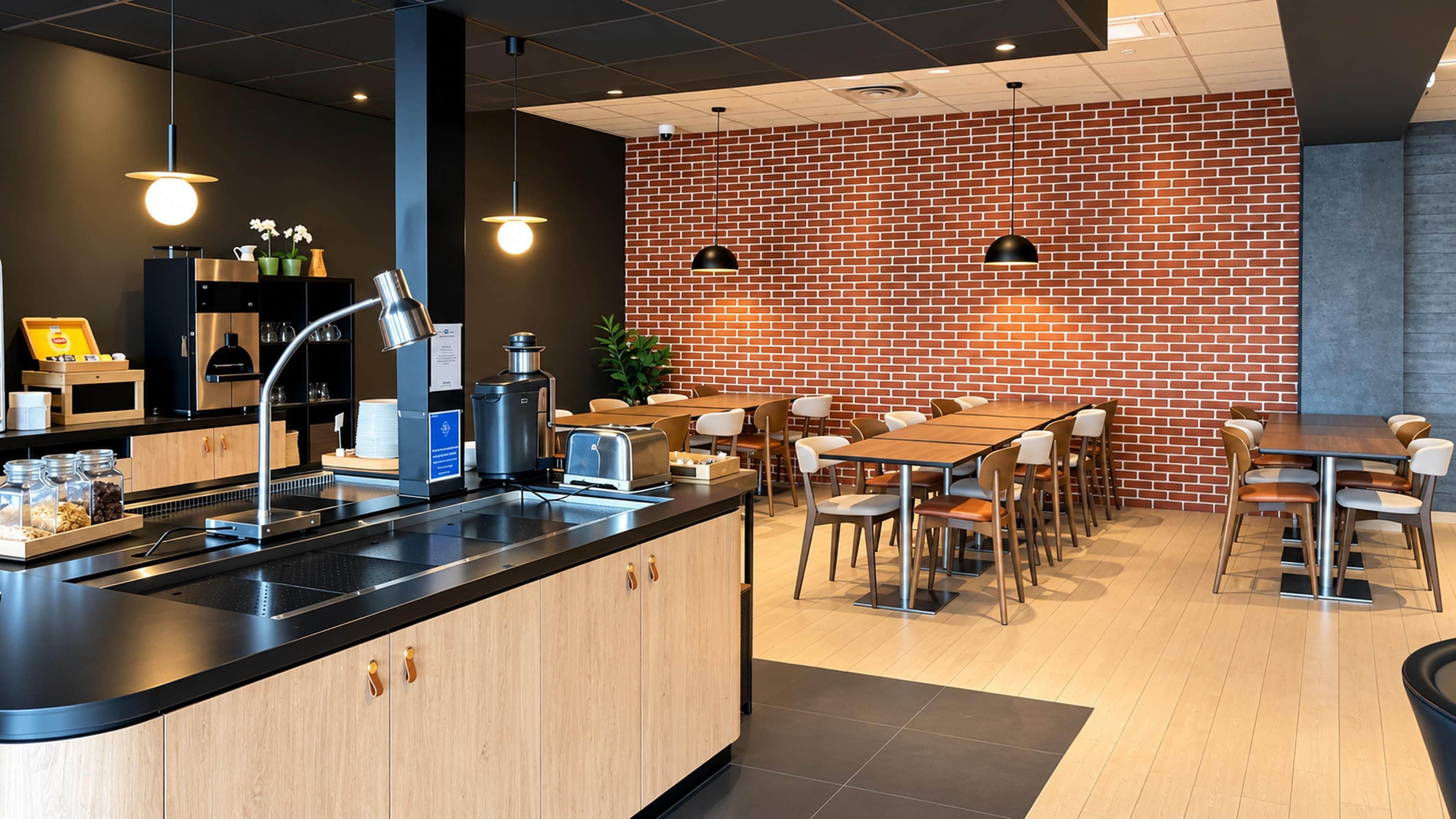 A modern cafe with a brick wall, wooden tables, and a black countertop with coffee machines.