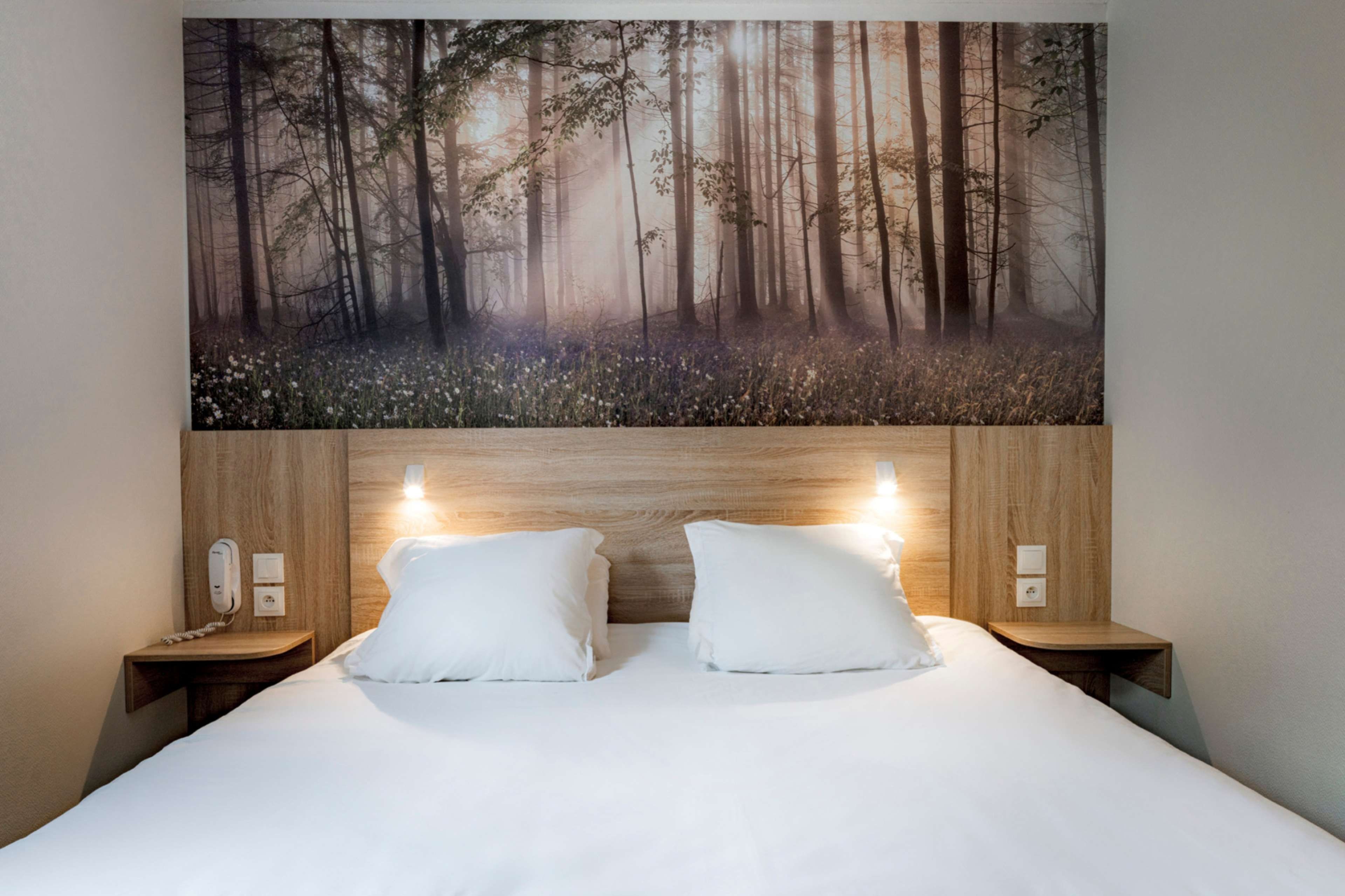 Un dormitorio con una cama grande, dos mesitas de noche, un teléfono en la pared y un cuadro de un bosque.