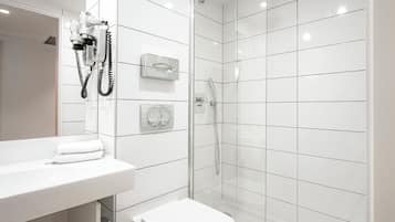 Shower, eco-friendly toiletries, hair dryer, towels