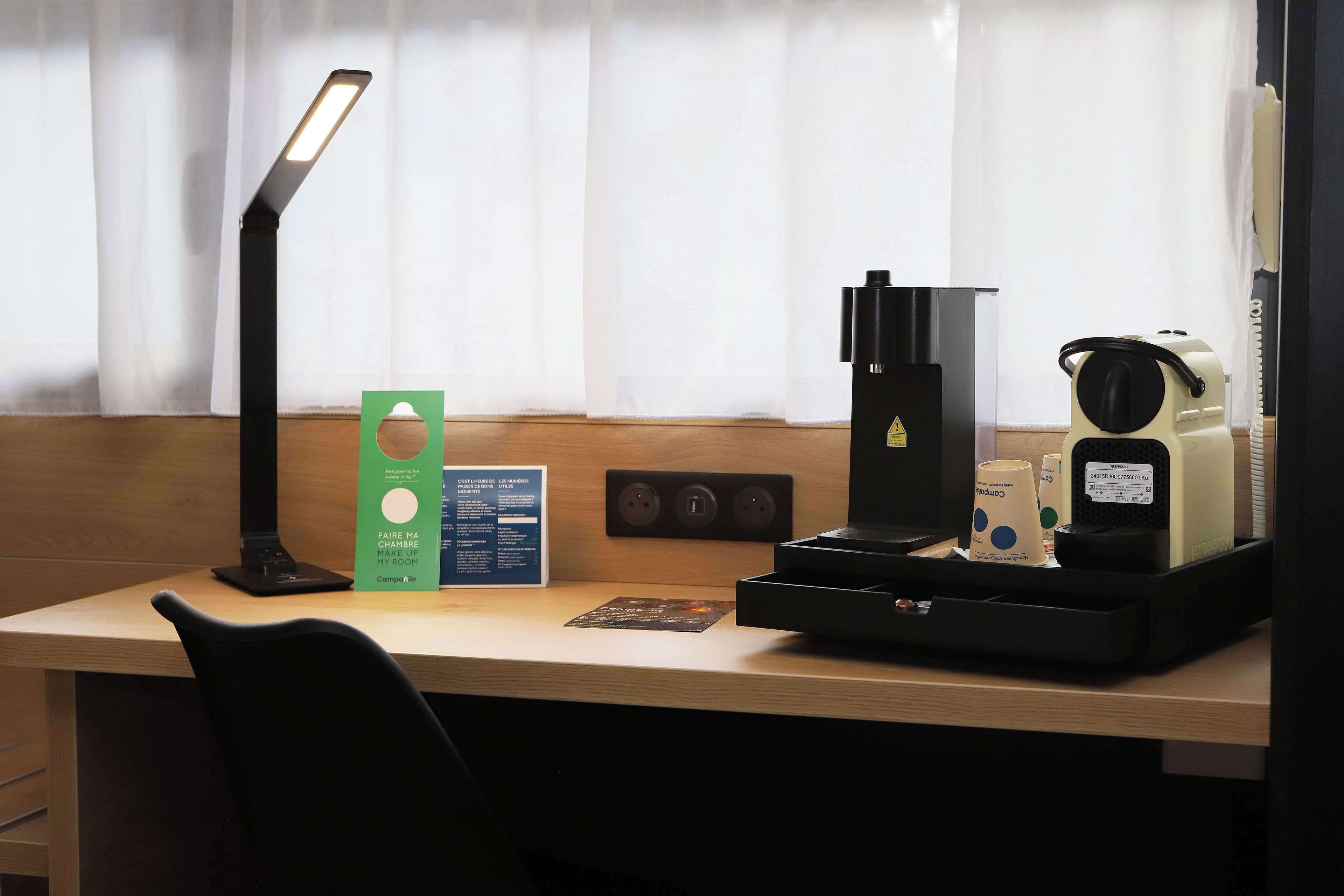 premium bedding, desk, laptop workspace, blackout curtains