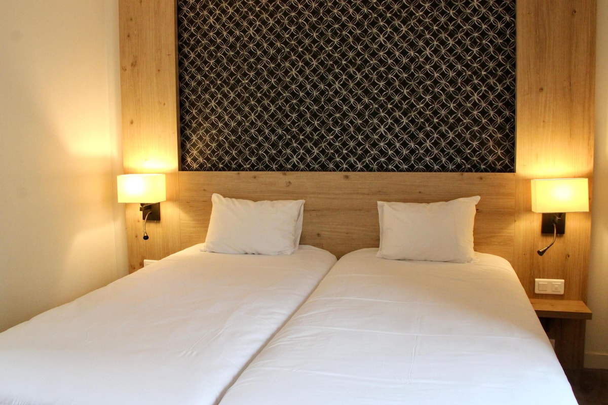 A double bed with two white pillows and two bedside lamps.