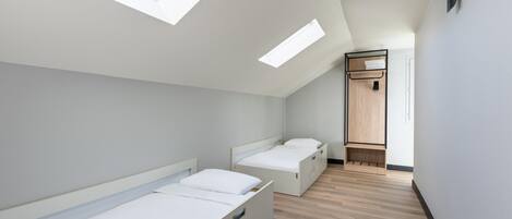 A modern, minimalist bedroom with two single beds, a wooden wardrobe, and skylights.