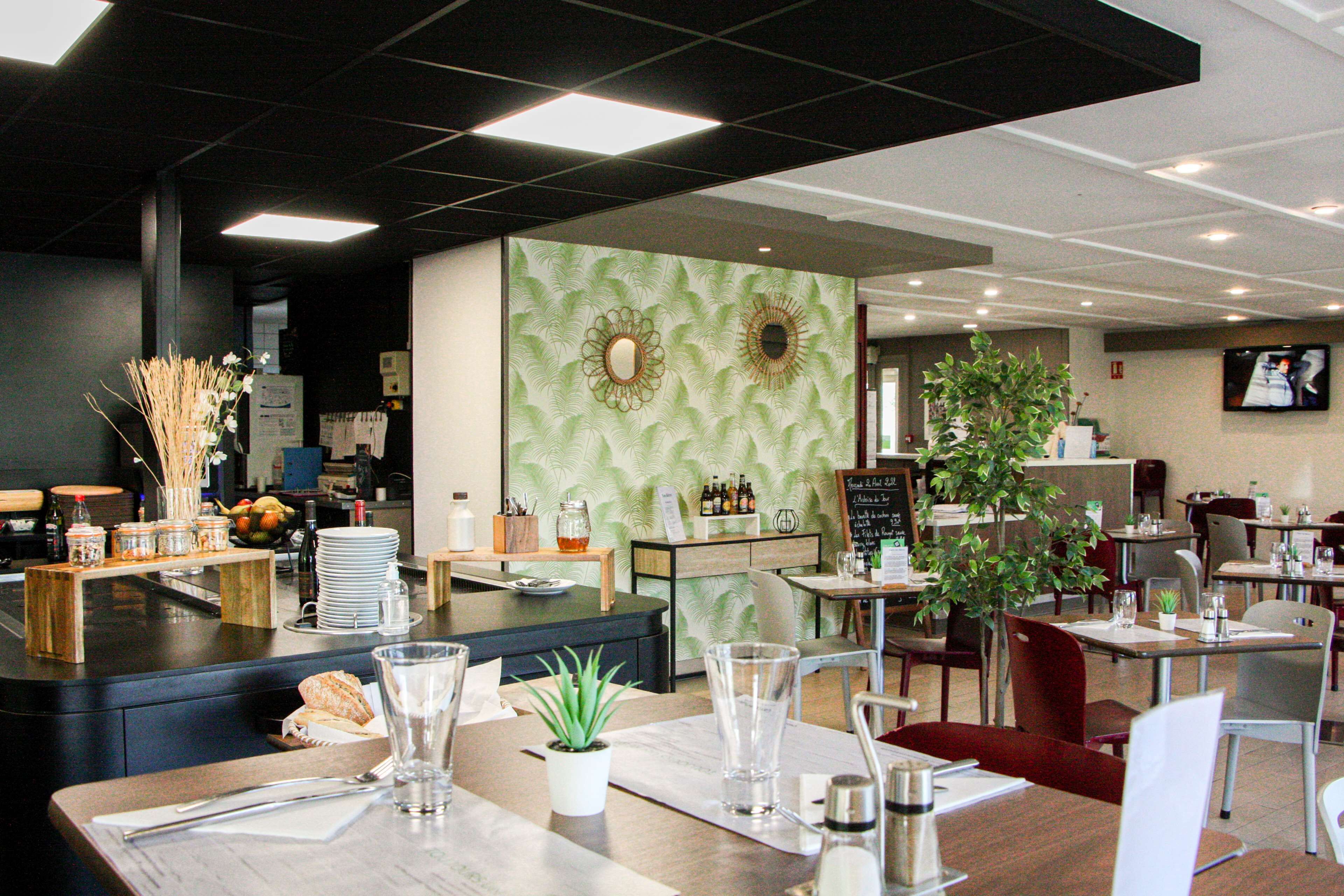 Ein Restaurant mit Theke, Tischen, Stühlen und einer Zimmerpflanze.