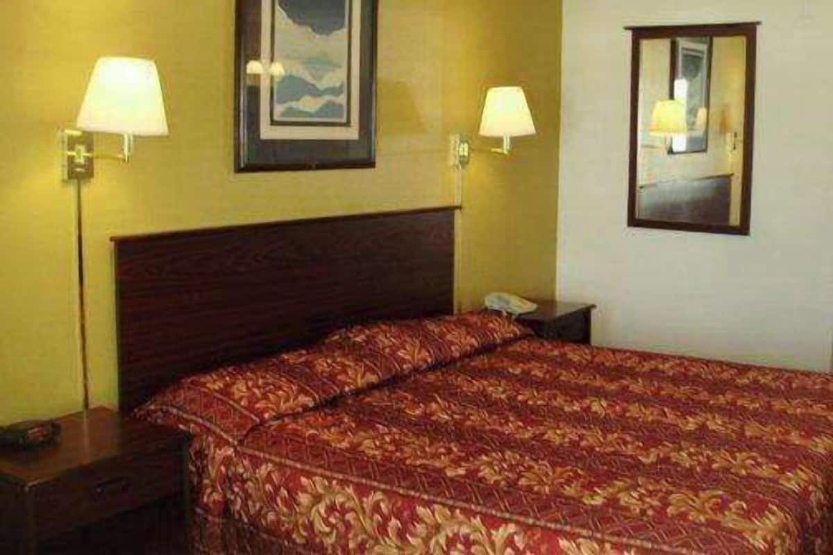 A hotel room with a large bed, two bedside lamps, a nightstand, a framed picture on the wall, and a mirror.