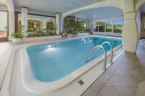 Indoor pool, outdoor pool, pool loungers