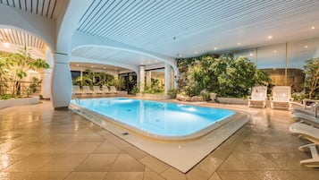 Indoor pool, outdoor pool, pool loungers