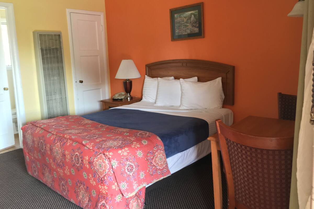 A hotel room with a bed, a nightstand, a lamp, a chair, and a door.