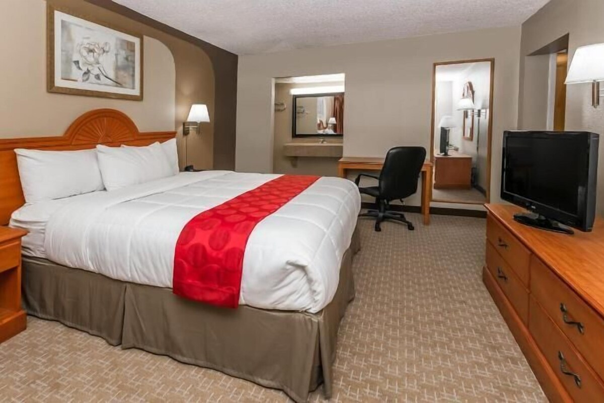 A hotel room with a bed, bedside tables, a desk, a chair, a television, and a mirror.