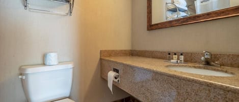 A bathroom with a toilet, a sink with a granite countertop, a mirror, and a towel rack.