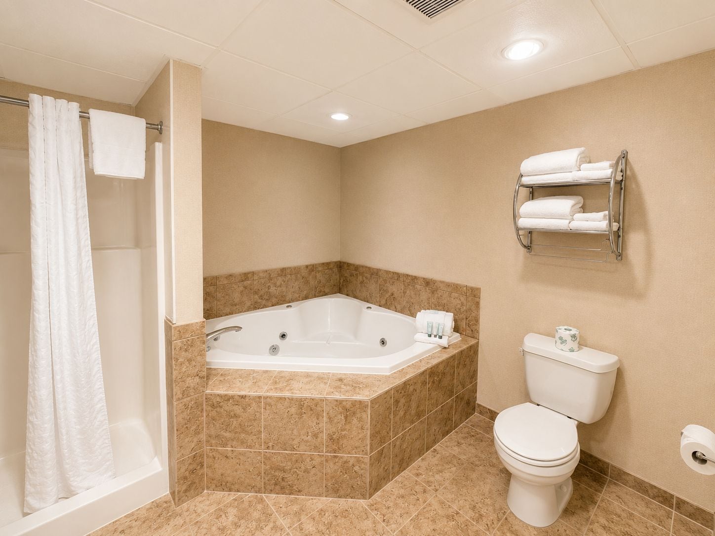 Une salle de bain avec une baignoire, des toilettes et un rideau de douche.
