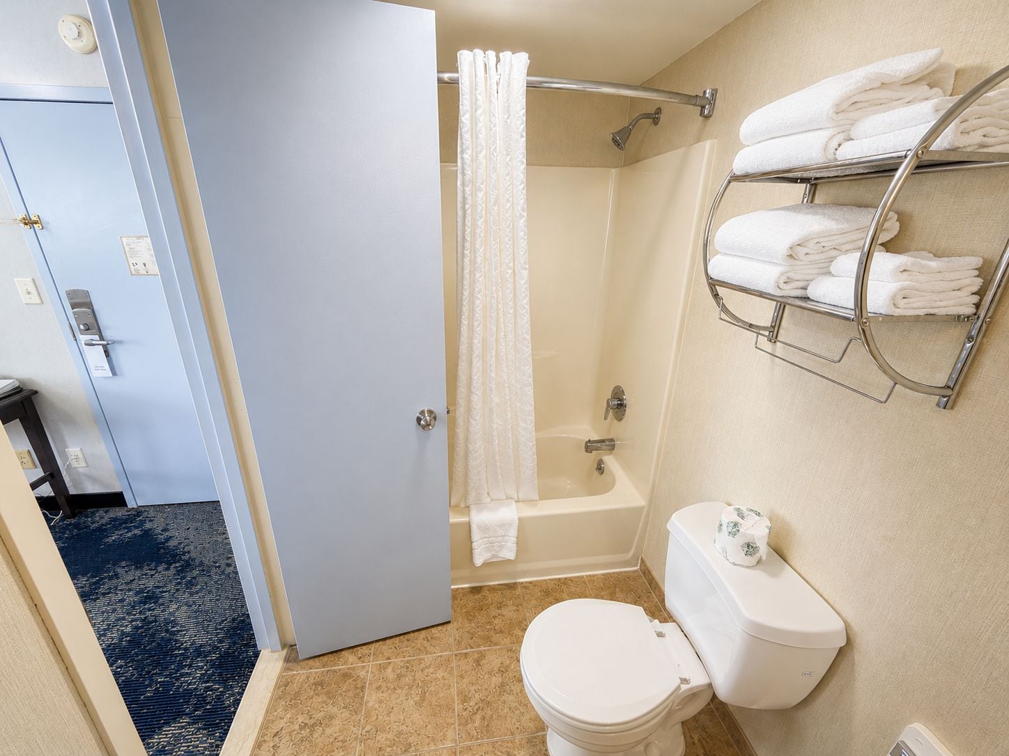 A bathroom with a shower, toilet, and towel rack.