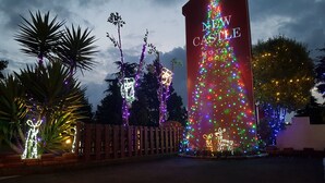 A sign for 'New Castle Motor Lodge' with colorful lights and a decorative tree. - New Castle Motor Lodge (Rotorua)