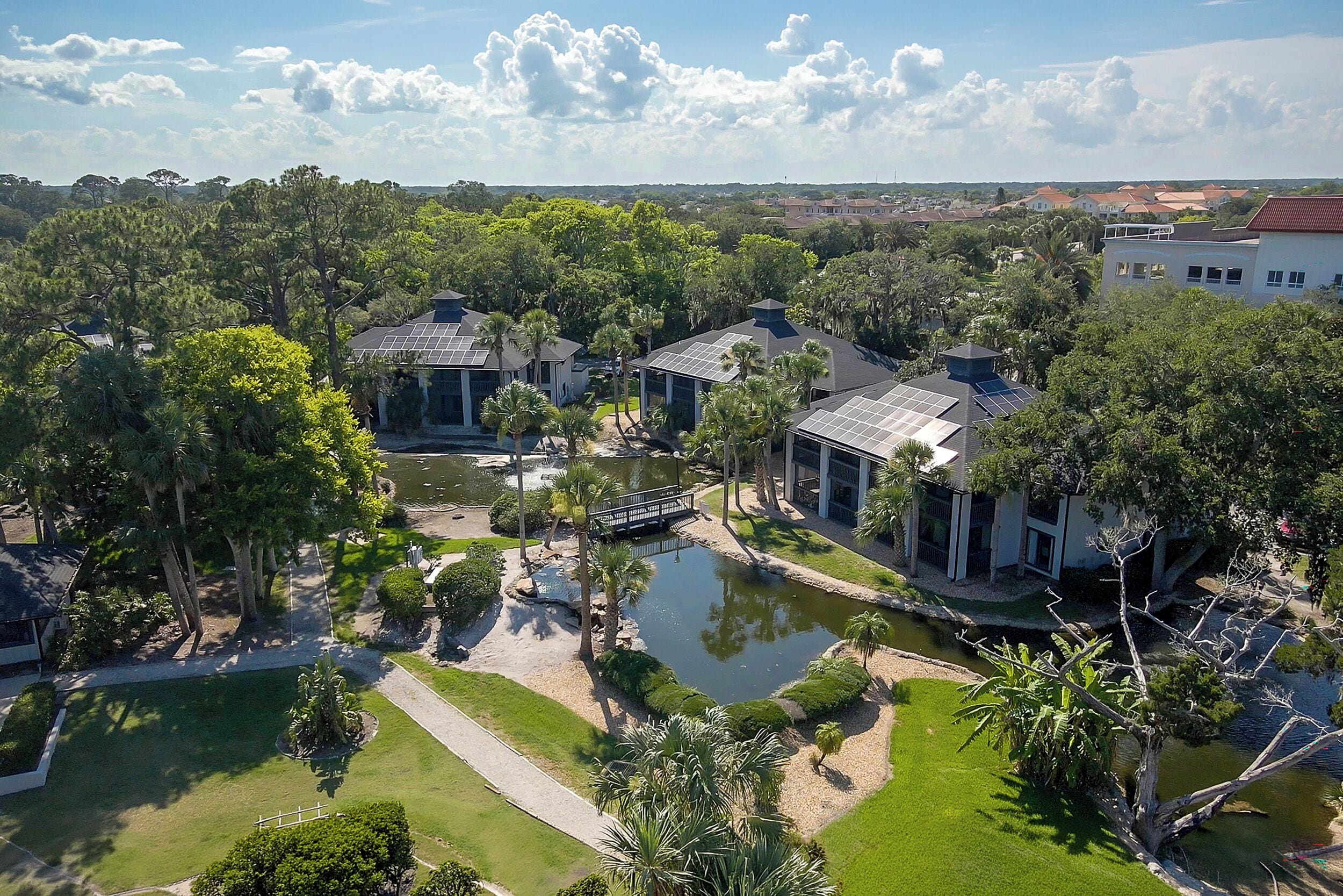 A residential area with houses, a bridge, and a pond.