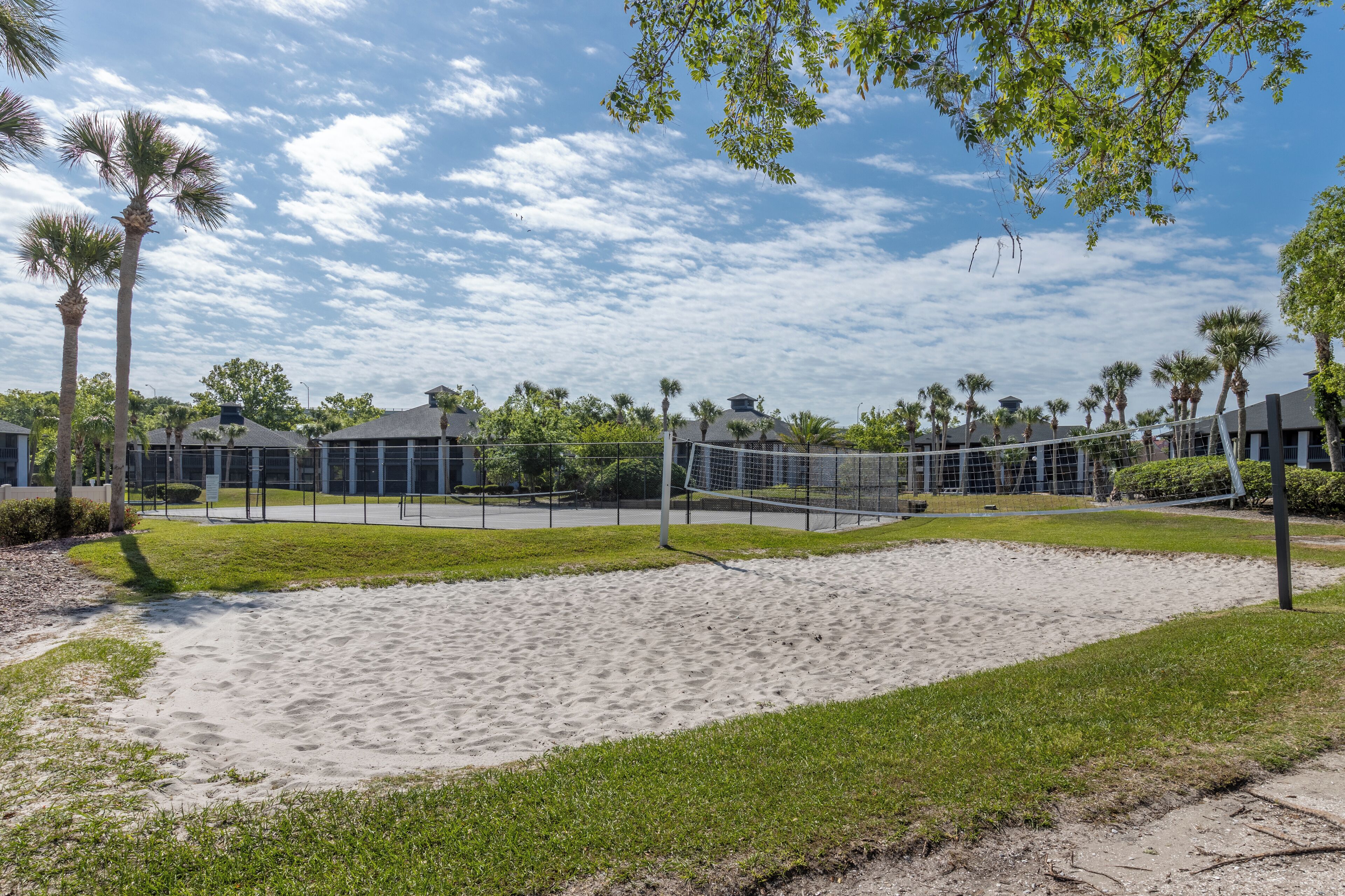 A sandy volleyball court surrounded by palm trees and buildings.