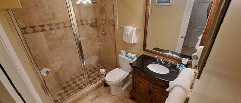 A bathroom with a glass-enclosed shower, a toilet, a sink with a mirror, and a towel rack.