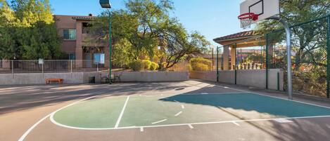 An outdoor basketball court with a green playing surface, a basketball hoop, and surrounding trees.