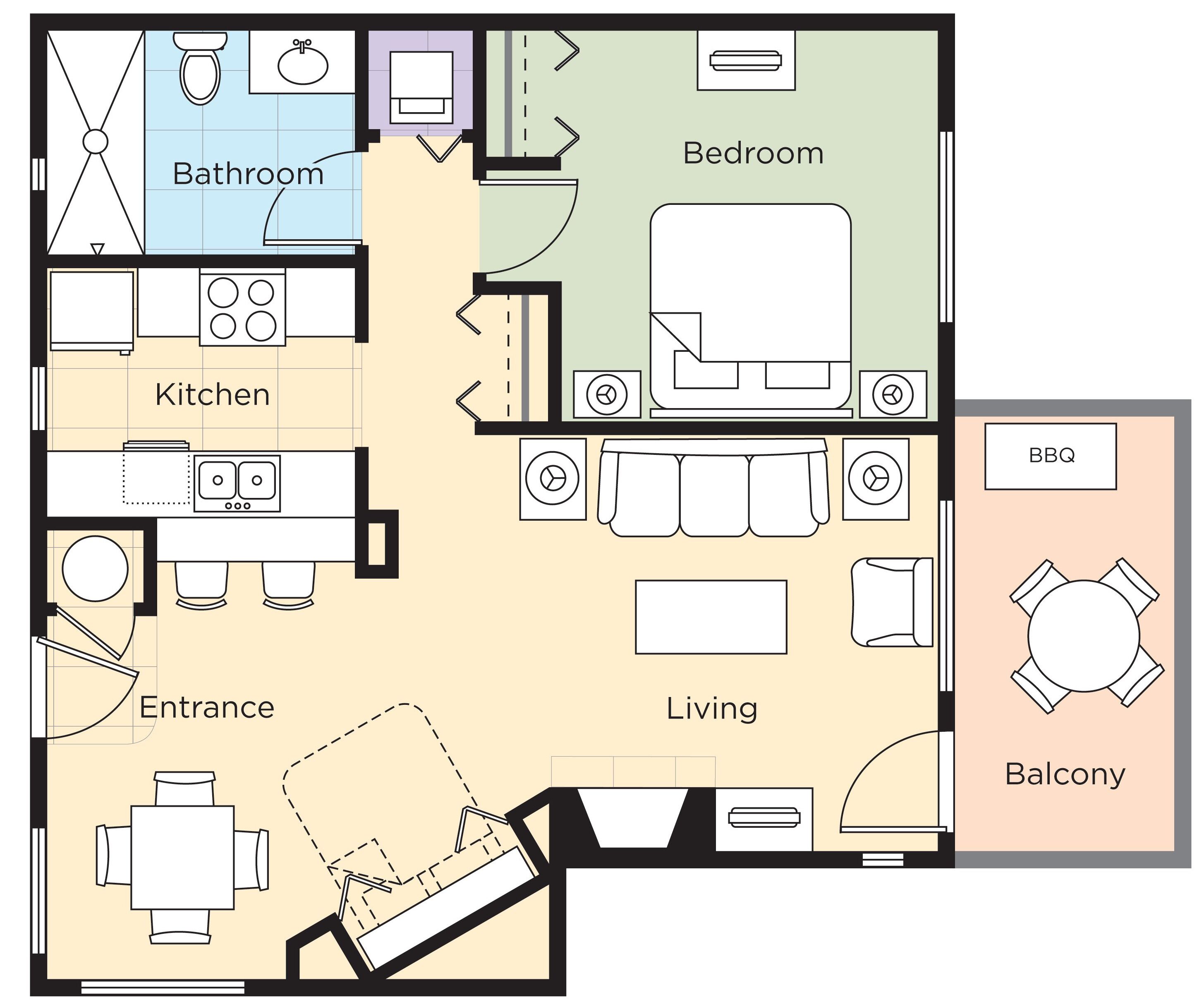 Ein Grundriss mit Küche, Bad, Schlafzimmer, Wohnzimmer, Balkon und Eingangsbereich.
