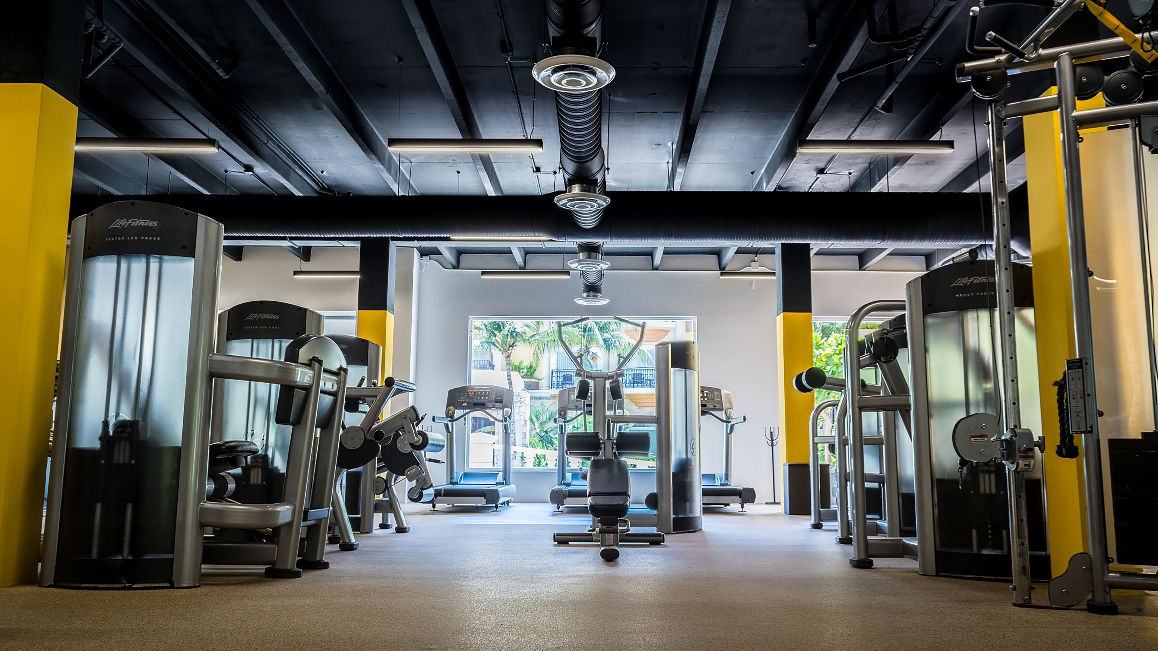 Ett gym med olika träningsmaskiner, ett tak med synliga bjälkar och utsikt över palmer utanför.