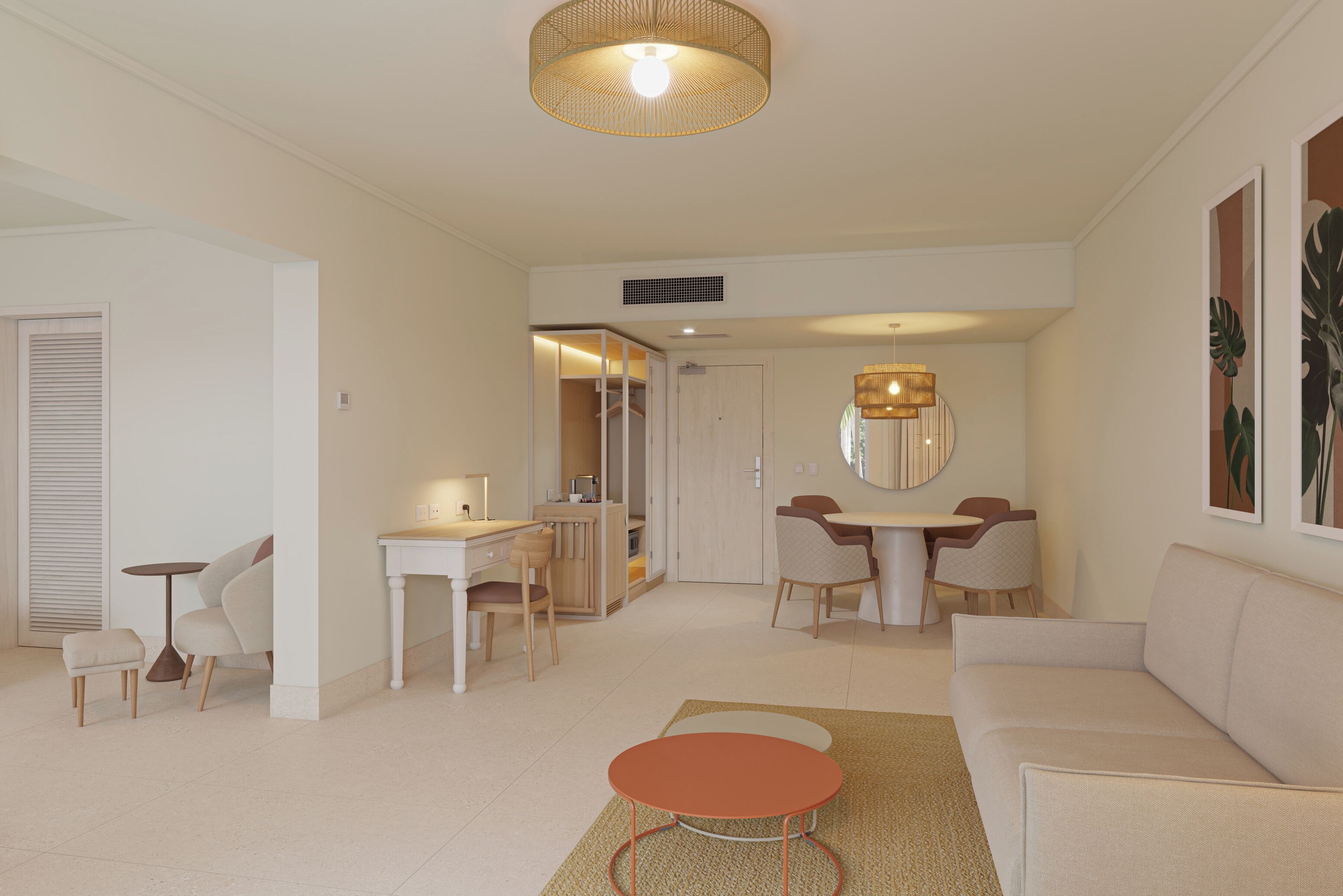 Una sala de estar moderna con un sofá, una mesa de comedor y una pequeña mesa auxiliar.