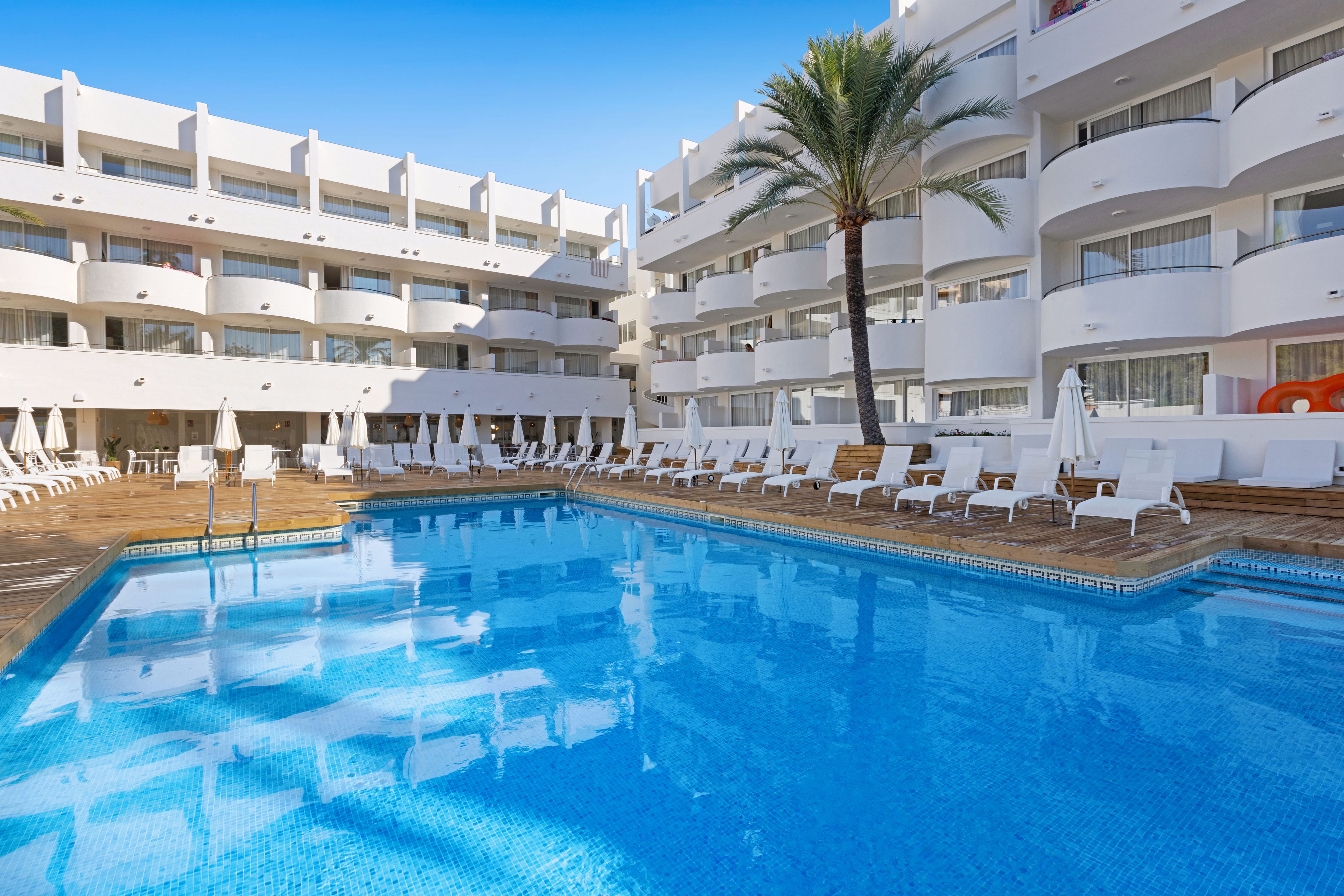 Un hotel con piscina, sillas de descanso y una palmera.