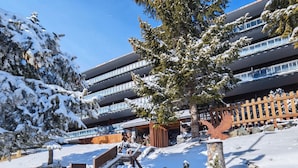 A snow-covered outdoor area with a wooden staircase leading to a building entrance, surrounded by snow-laden trees and a fence. - Resort Palace Sestriere 1 E 2 (Sestriere)