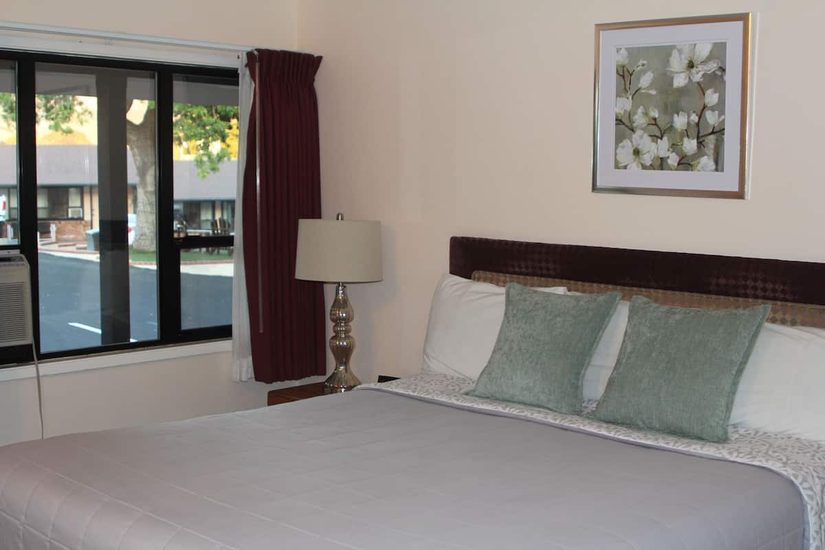 A hotel room with a large bed, a nightstand with a lamp, a window with curtains, and a framed picture on the wall.