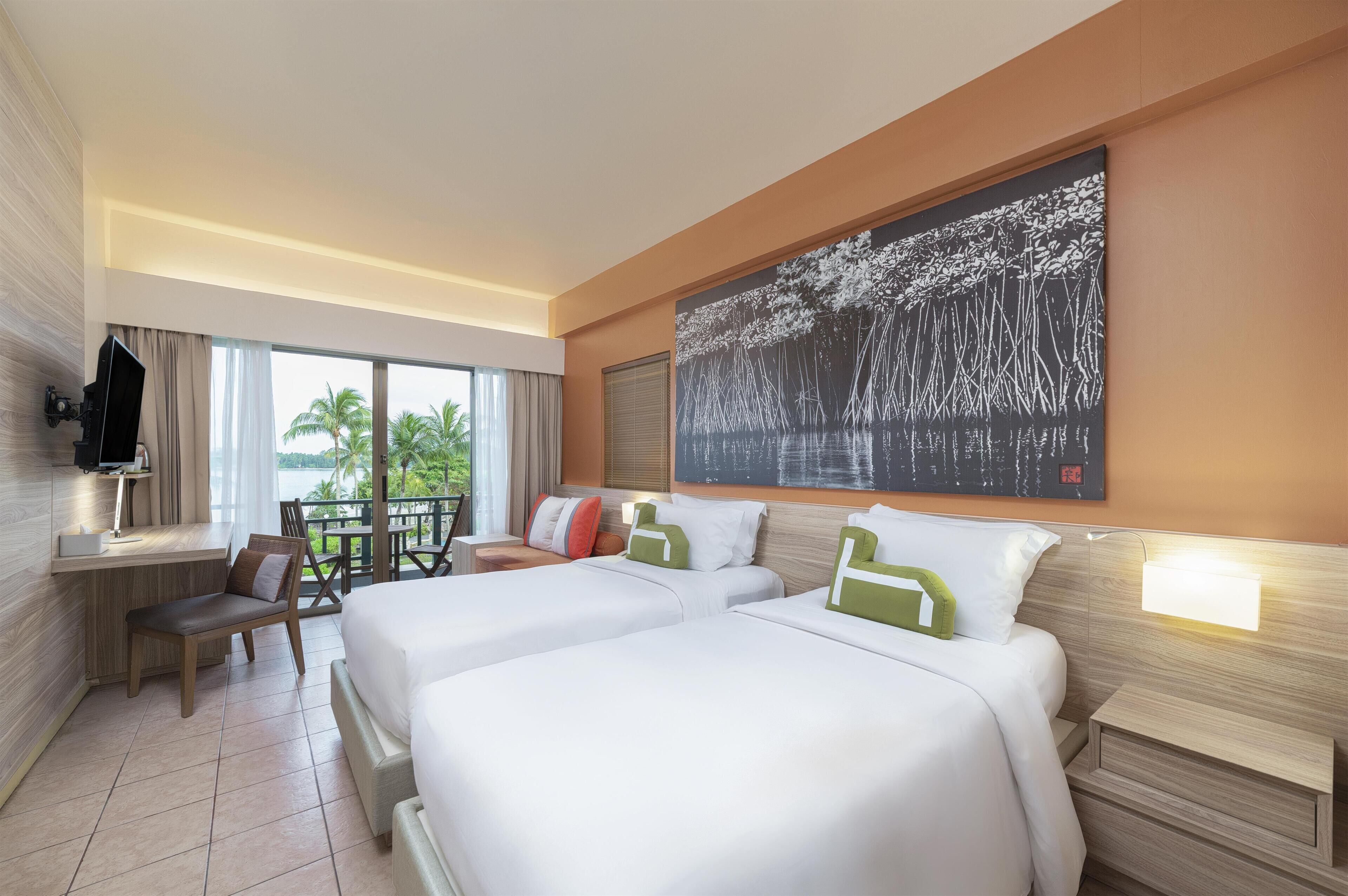 A hotel room with two beds, a desk, a chair, a TV, and a large window with a view of palm trees.