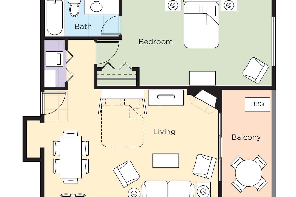 A floor plan of a hotel with a living room, kitchen, two bedrooms, two bathrooms, a balcony, and a BBQ area.