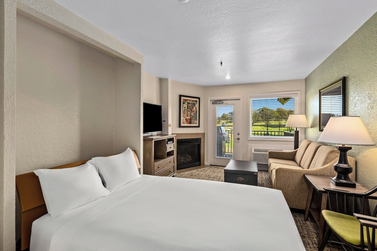 A hotel room with a large bed, a television, a fireplace, a sofa, a chair, and a balcony with a view of greenery.