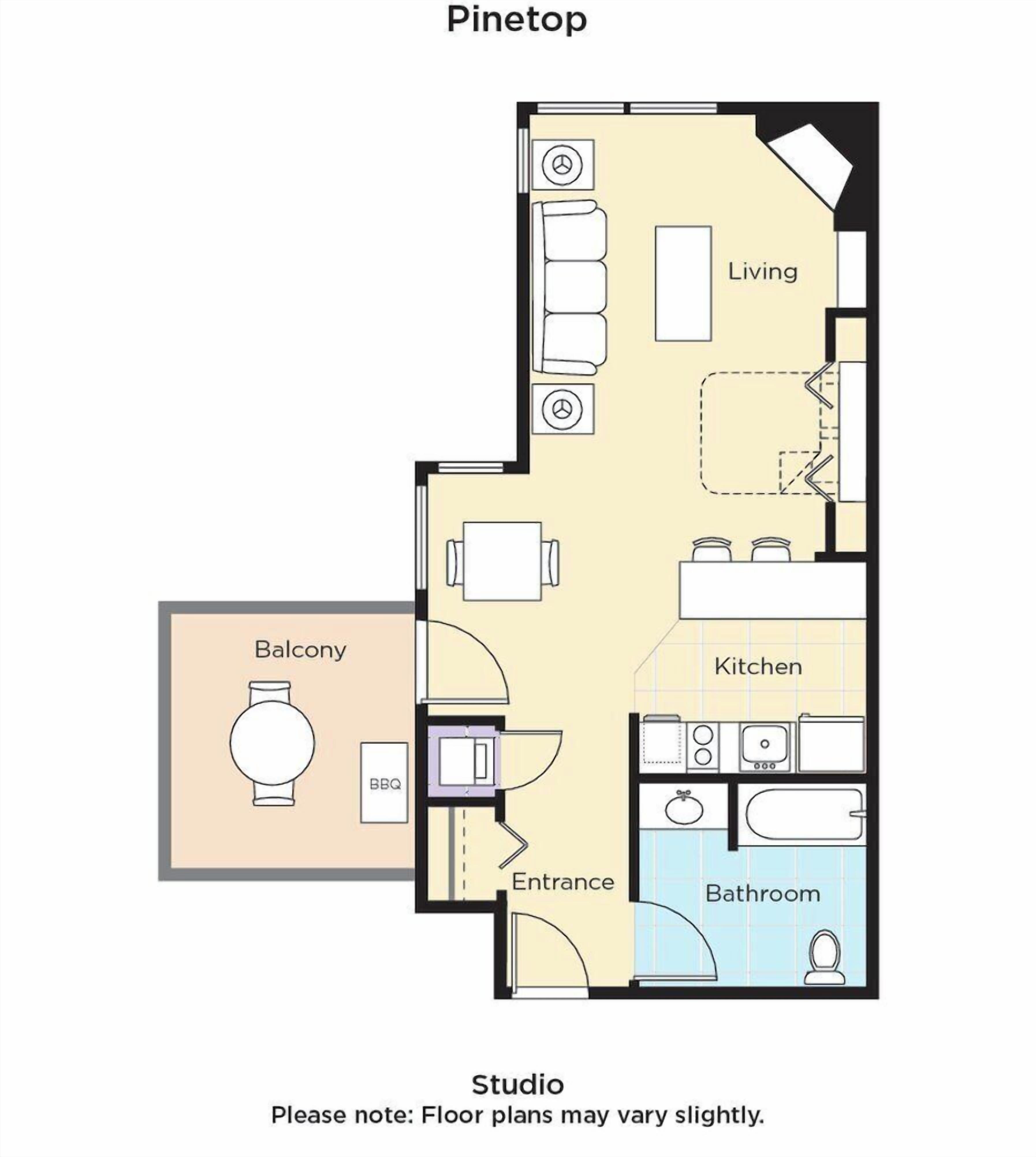 Plano de planta de un estudio con balcón, sala de estar, cocina, baño y entrada.