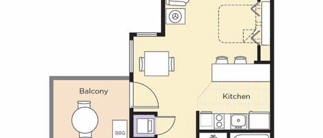 Plano de planta de un estudio con balcón, sala de estar, cocina, baño y entrada.