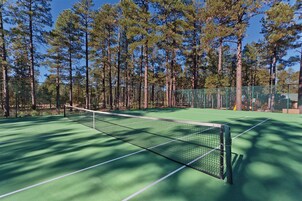 A tennis court surrounded by tall trees.