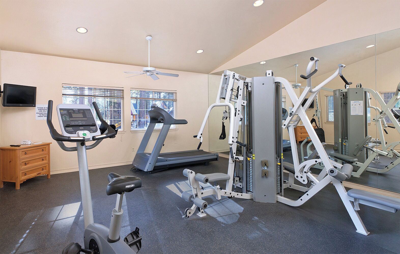Une salle de sport équipée de machines de cardio, de matériel de musculation et dotée d’un mur avec des miroirs.