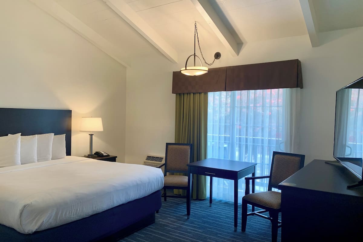 Una habitación de hotel con una cama grande, un escritorio, dos sillas, una lámpara y un televisor.