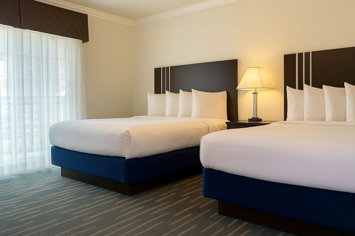 Habitación de hotel con dos camas, una mesita de noche con lámpara y un ventanal con cortinas translúcidas.