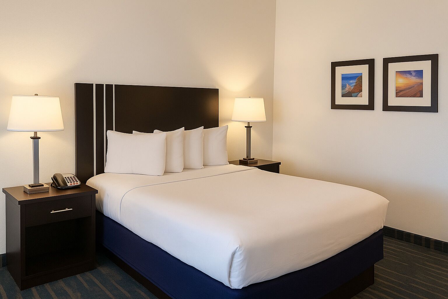 A hotel room with a large bed, two bedside tables with lamps, a phone, and two framed pictures on the wall.